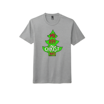 light Grey Merry Christmas T-Shirt Christmas Tree Cartoon lime green District brand triblend