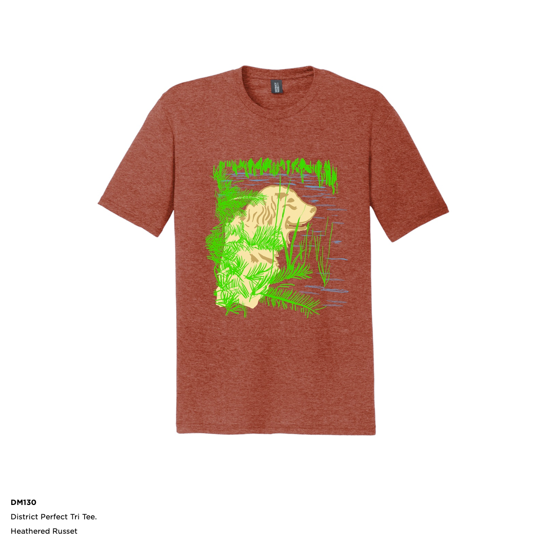 t shirt yellow dog Retriever in grass at the river District brand triblend washable wears well Heathered rust