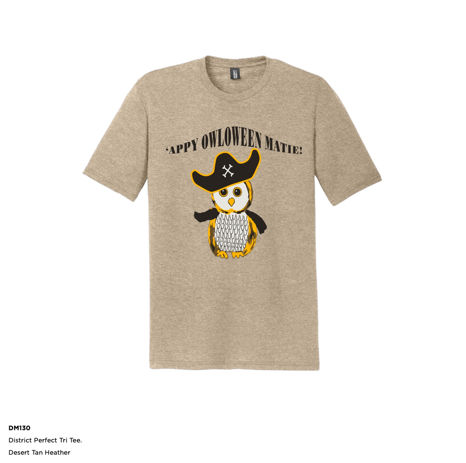 Halloween t shirt pirate owl Appy Owloween District brand triblend Desert Tan