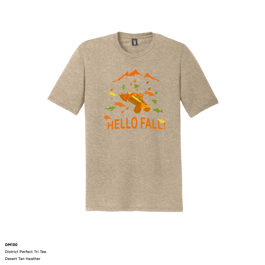 fall t shirt ATV four wheel side by side mountains fall leaves Hello Fall District brand triblend minimal shrinkage Desert Tan Heathered