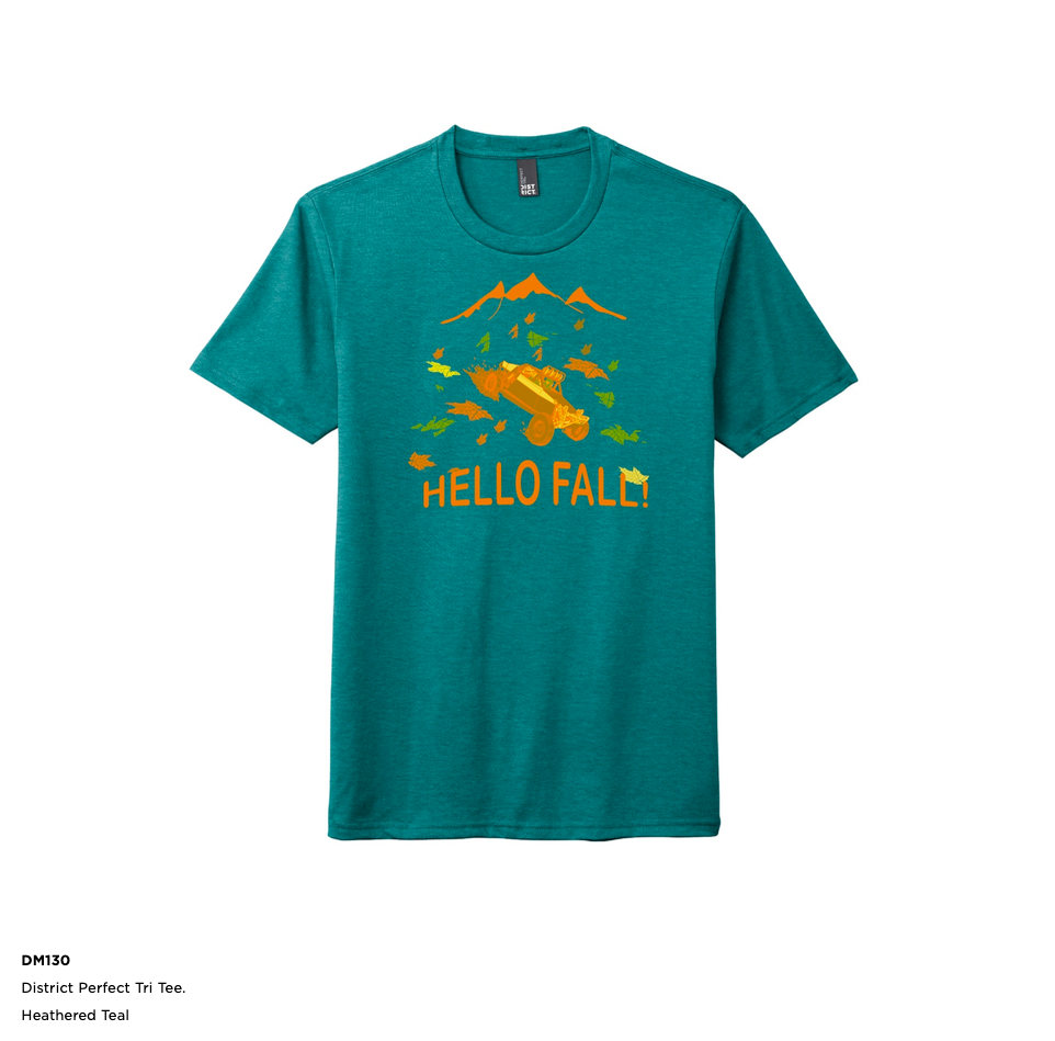 fall t shirt ATV four wheel side by side mountains fall leaves Hello Fall District brand triblend minimal shrinkage  Heathered Teal green