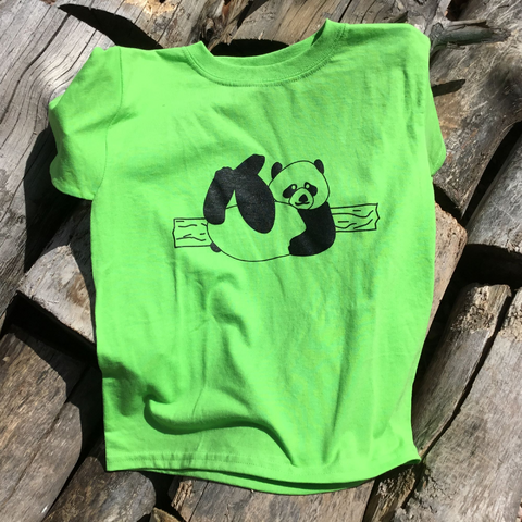 t shirt kids panda bear feet up black print Gildan brand 50/50 cotton polyester blend lime green washable minimal shrinkage