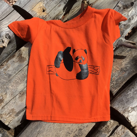 t shirt kids panda bear feet up playful black print Gildan brand 50/50 cotton polyester blend bright orange easy to spot washable minimal shrinkage