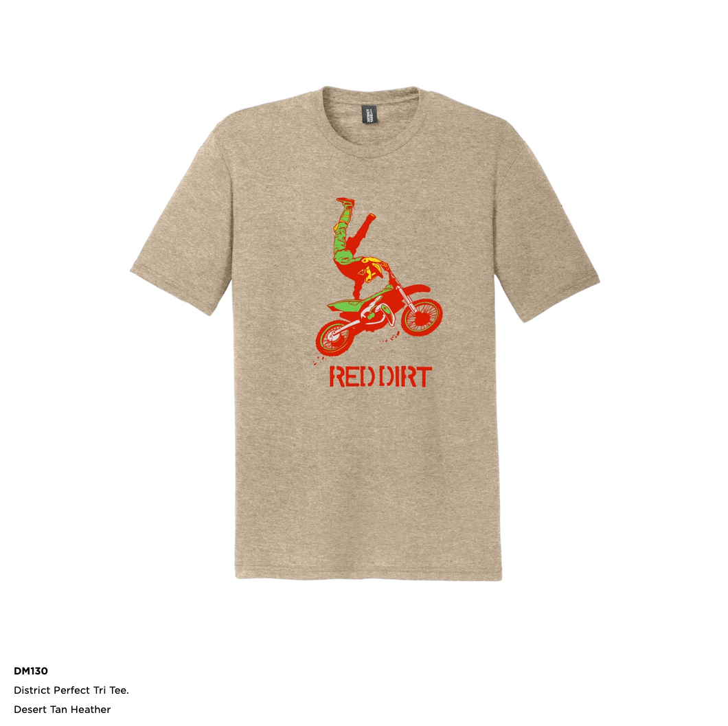 t  shirt dirt bike rider red dirt   splahes District brand triblend washable minimal shrinkage Desert Tan Heather teenage rider