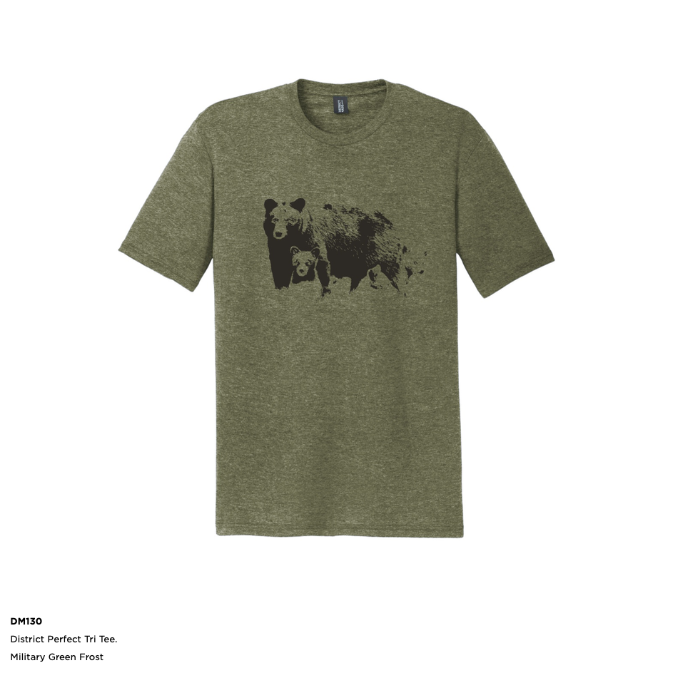 t shirt three bear cubs with mom  black print District brand triblend Military Green Frost