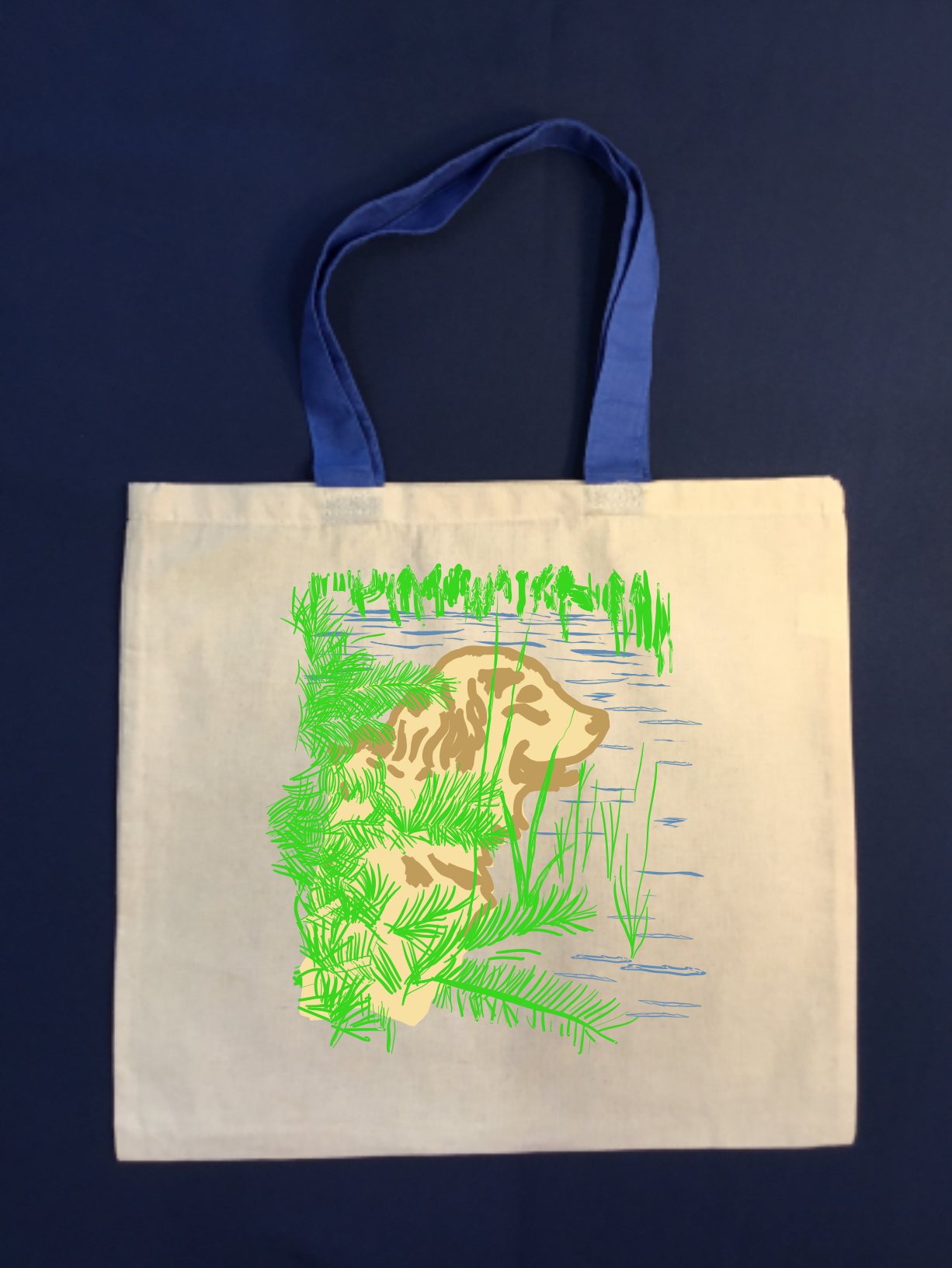 tan grocery bag shopping  pet  bookbbag washable lightweight dog Golden retreiver river with green grass